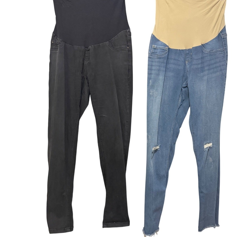 Indigo Blue Maternity Skinny Jeans Bundle 2 Pair Black Blue Distressed Size L